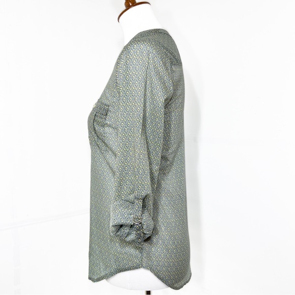 Anthropopogie Blue & Yellow Ikat Geometric Diamond Printed Roll Tab Sleeve Tunic - Picture 5 of 12